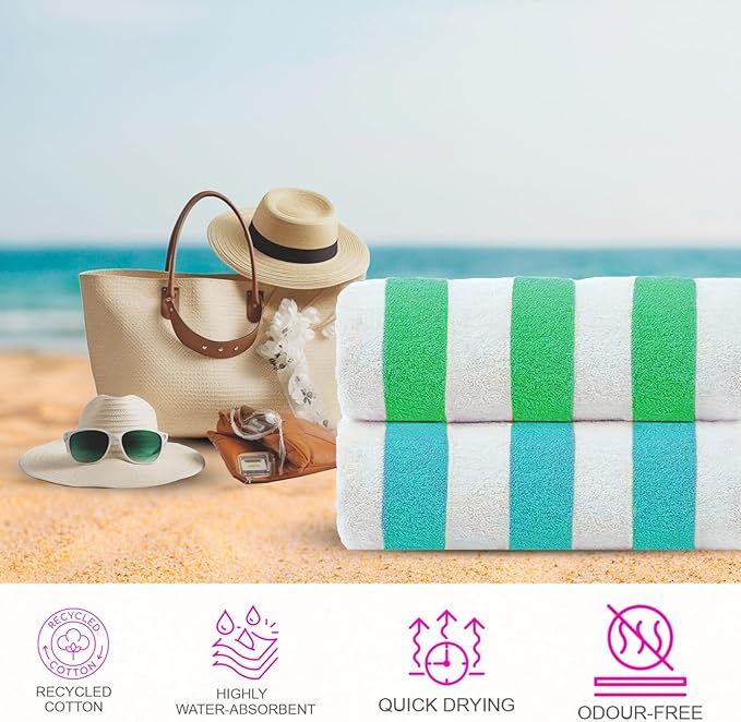 CASA COPENHAGEN Cabana Beach Towel Designed in Denmark Rough and Tough, Quick Dry, Pool, Bath & Shower 30x60 inches 4 Pieces Cotton Beach Bath Towels Set - Turquoise, Royal Blue,Pink, Green