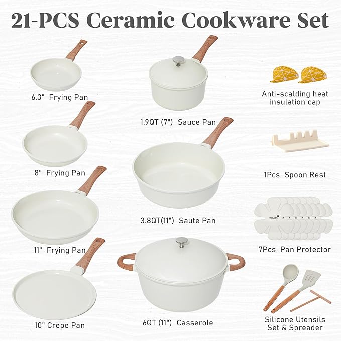 21Pcs Pots and Pans Set with Aluminum Lid, Nonstick Ti-Ceramic Cookware Sets, Induction Cookware Non Stick Cooking Set w/Frying Pans & Saucepans(PFOS, PFOA Free)-White