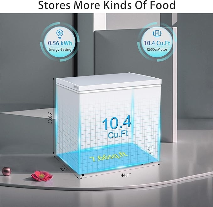 Large Chest Freezer,10.4 Cu.ft Deep Freezer FreeStanding Top Door Freezer with 8 Adjustable Thermostat (-11.2°F to 10.4°F) and Removable Basket, Universal Wheels, Manual Defrost for Garage, White