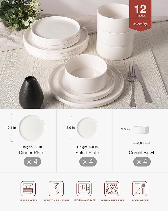 Famiware Porcelain Dinnerware Set, 12-Piece Modern Plate and Bowl Set, Dish Set for 4, Microwave and Dishwasher Safe Tableware, White