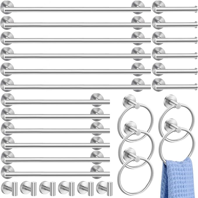 Gisafai 30 Pcs Bathroom Hardware Set, 23.6 Inch Brushed Towel Bar Ring Toilet Paper Holder Robe Towel Hook, SUS304 Stainless Steel Bathroom Accessory Set Wall Mounted (Silver)