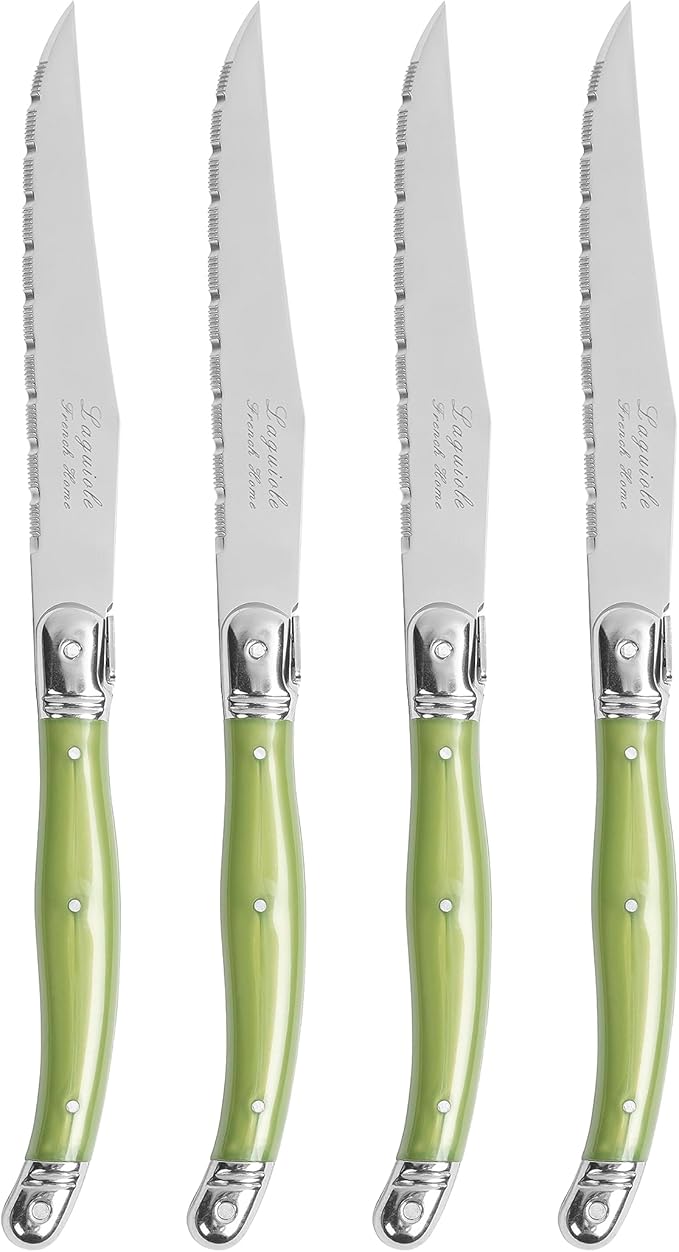 French Home Laguiole 4-Piece Steak Knife Set – Sophisticated Stainless Steel Dinner Knives with Spring Green Handles & Iconic Bee Emblem – Serrated Knives for Smooth Cutting (9.25")