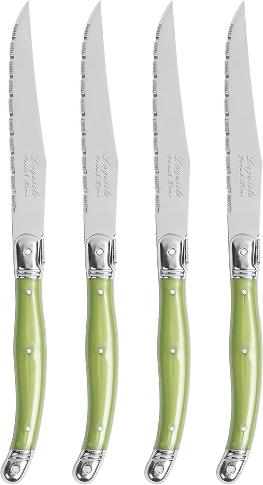 French Home Laguiole 4-Piece Steak Knife Set – Sophisticated Stainless Steel Dinner Knives with Spring Green Handles & Iconic Bee Emblem – Serrated Knives for Smooth Cutting (9.25")