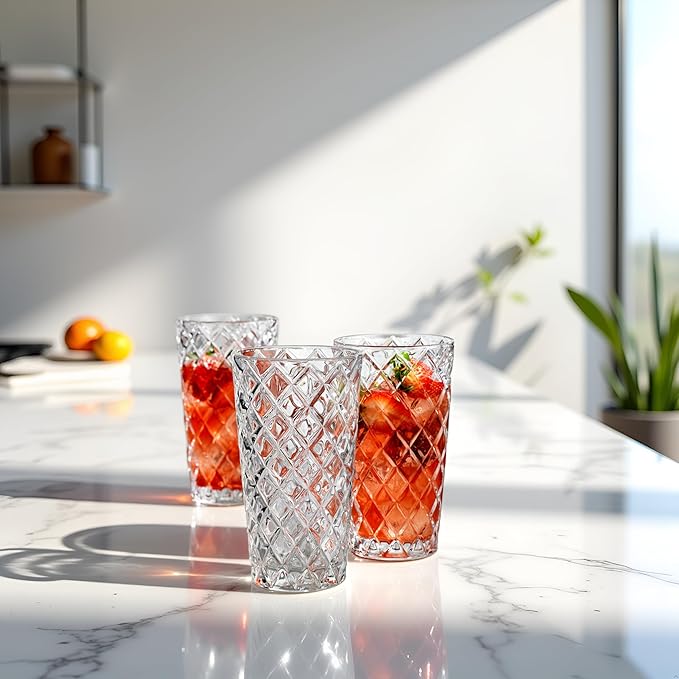 Glaver's Drinking Glasses - Set of 10-14oz. Highball Glass Cups - Dishwasher Safe Cocktail - Diamond Cut Shape - Tall Beer Glasses, Water Glasses, Bar Glass, Wine, Juice, Iced Tea