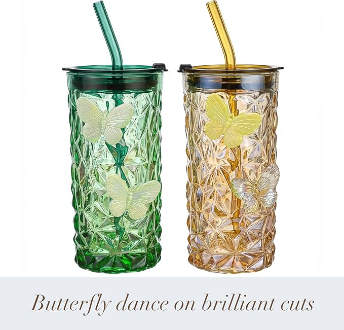 2 Pcs Glass Cups with Lids and Straws, 10oz Glass Tumblers, Butterfly Cups, Green Drinking Glasses, Amber Glassware