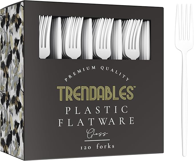 Trendables 120 Pack White Plastic Forks - 120 Count, Disposable, Fine, Gloss, Durable, Classy, Perfect for Parties