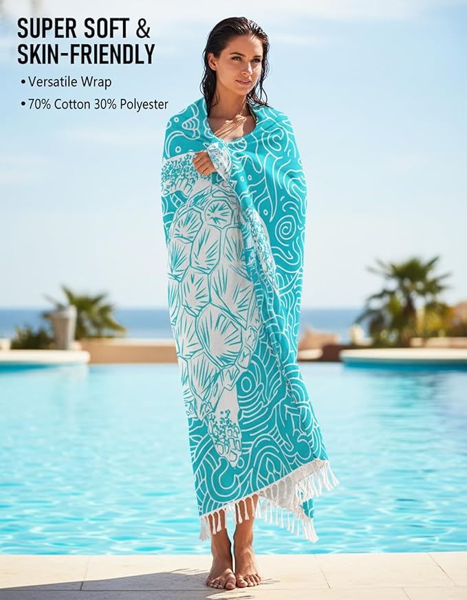 Oversized Turkish Beach Towel Blanket Cotton Giant XL Sandproof Towels Huge Linen XXL Extra Large Big Throw Quilt Blankets for Adults Cloud Travel Camping Glamping Accessories Essentials Turtle