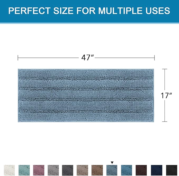 H.VERSAILTEX Bath Rugs for Bathroom Washable Non Slip Extra Thick Chenille Striped Bath Mat Rug Runners 47" x 17" Absorbent Fluffy Soft Shaggy Mats Plush Area Carpet for Bath Room, Tub - Stone Blue