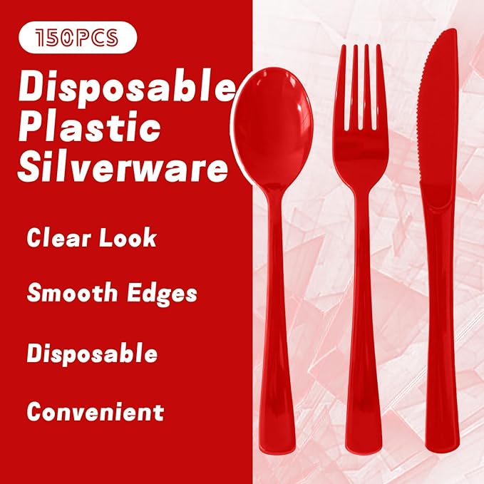 150 Pack Disposable Plastic Silverware, Heavy Duty Red Plastic Cutlery Set Includes 50 Forks 50 Knives 50 Spoons for Birthday Wedding Party Picnics (150, Red)