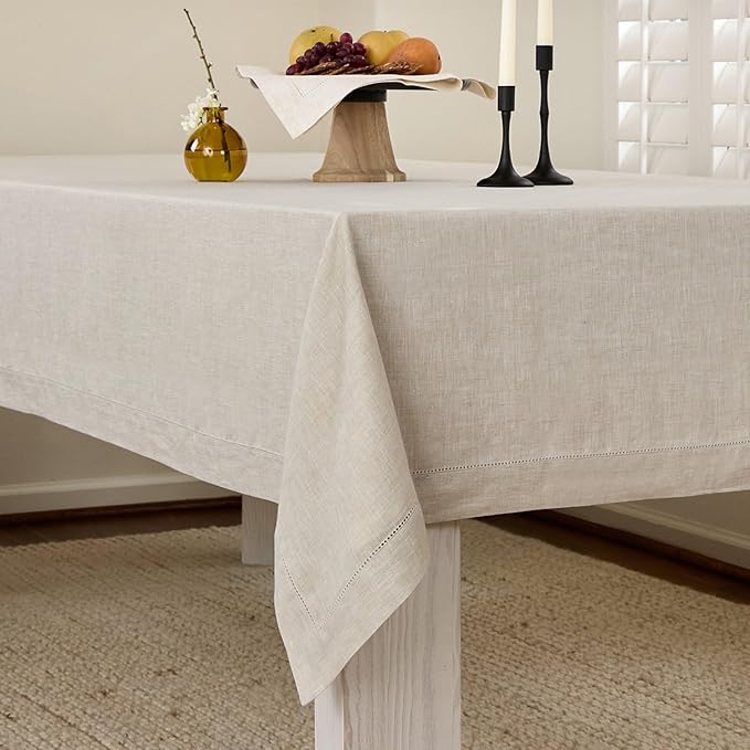 Solino Home Light Natural Linen Tablecloth 60 x 108 Inch - Classic Hemstitch, 100% Pure Linen Rectangular Tablecloth - Machine Washable Table Cloth for Holiday, New Year