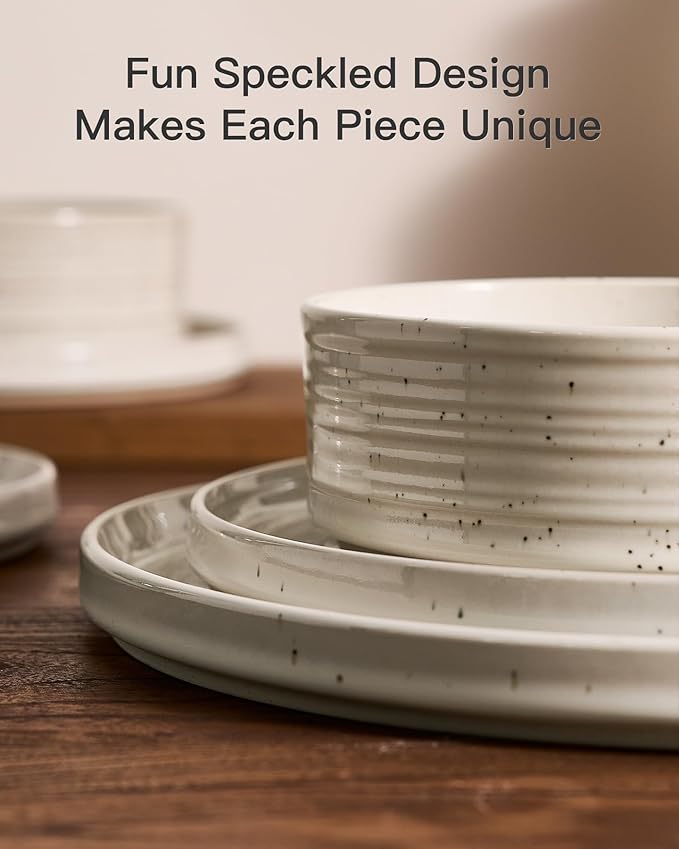 Plates and Bowls Sets for 6, Famiware Premium 18-Piece Stoneware Dinnerware Set, Spiral Dish Set with Straight Rim, Speckles & Reactive Glaze - Microwave & Dishwasher Safe Tableware, Shell Beige