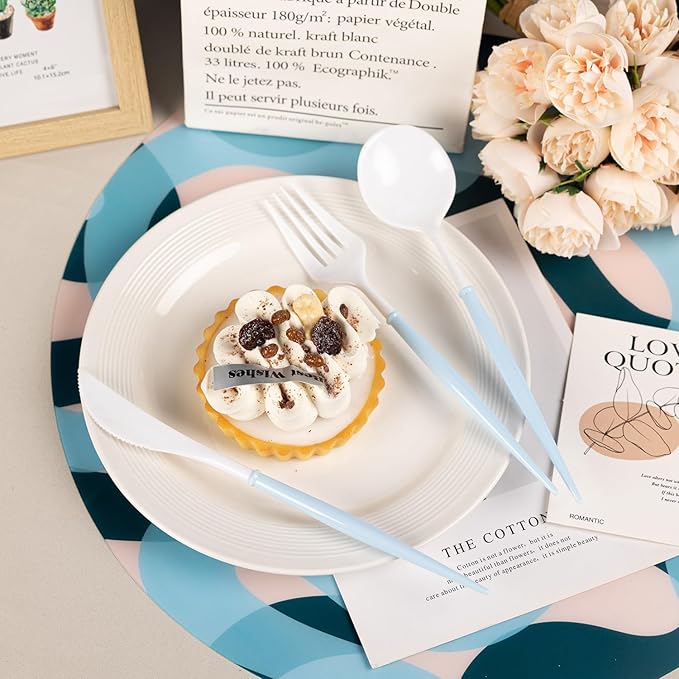 180PCS White Plastic Silverware with Blue Handle,Disposable Utensils Set Include 60 Forks,60 Knives,60 Spoons,Modern Heavy Duty Plastic Silverware Set for Party,Birthday,Wedding