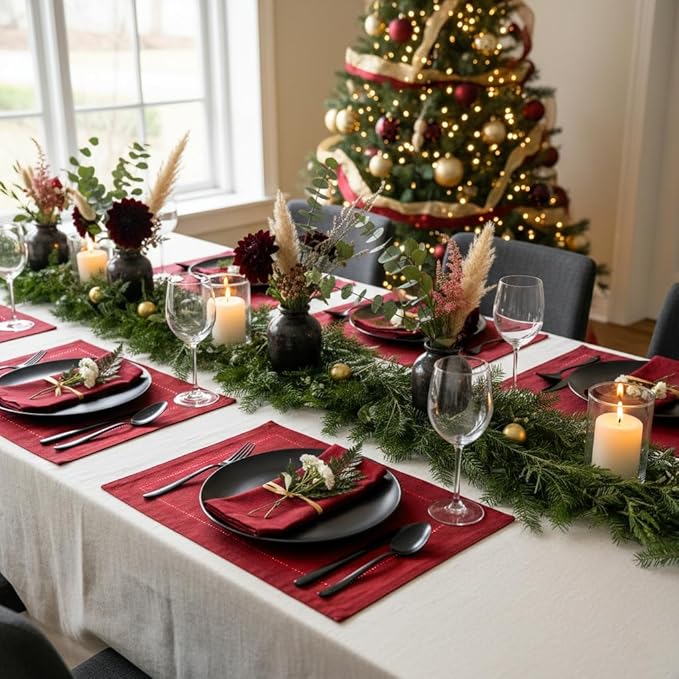 D'Moksha Homes Red Linen Placemats Set of 6 - Classic Hemstitch Placemats 14 x 19 Inch - 100% Pure Linen Table Mats for Winter, Holiday, New Year - Handcrafted and Machine Washable