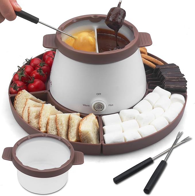 Electric Fondue Pot Set with 2 Pots, Melting Chocolate Warmer for Dipping, Candy & Chocolate Melting Pot, Fondue Pot Electric Set, Fondue Forks Included, 2.5 Cups, Brown