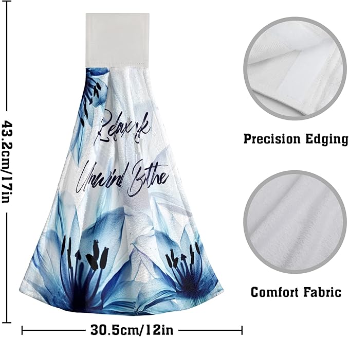 Giwawa Relax Soak Unwind Breathe Hand Hanging Towel Blue Flower Kitchen Tie Towels Set of 2 Dish Cloths Durable for Bathroom Laundry Room