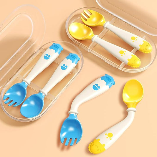 Deejoy Toddler Utensils with Travel Safe Case, Silicone Baby Spoons and Fork Set for Self Feeding, Toddlers Feeding Training Spoon, Easy Grip Heat-Resistant, Bendable Function (2 Sets, Yellow+Blue)