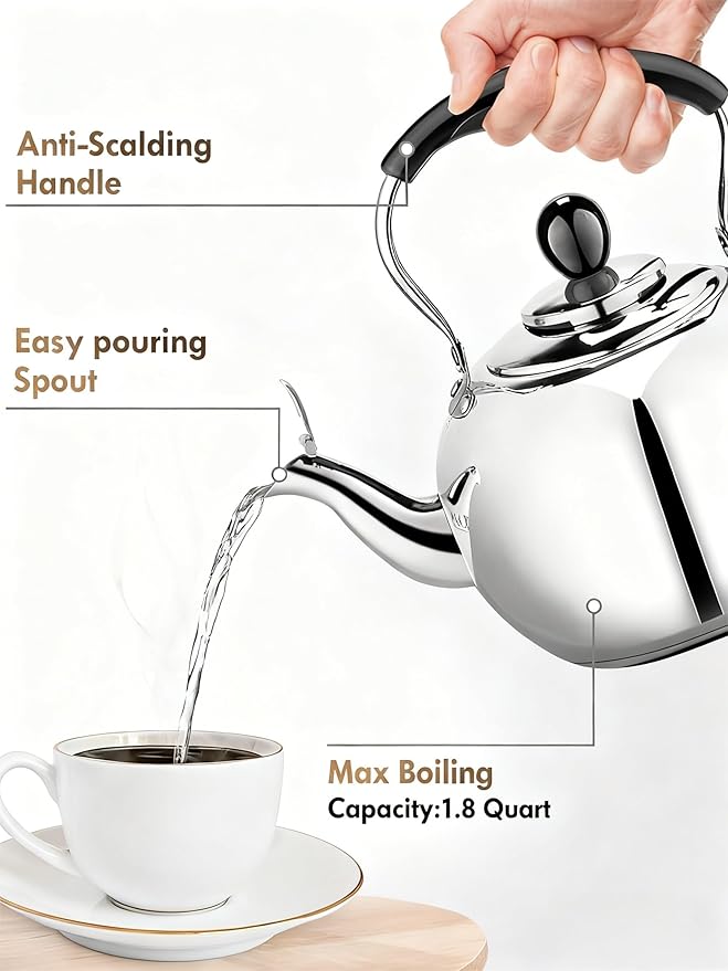 Dclobtop Whistling Tea Kettle Stovetop - 2.0 Quart Round Tea Pot for Stovetop, Silver Mirror Polished Classic Stovetop Kettle, Food Grade Material Teapot for Stove Top