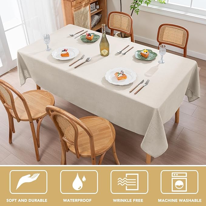H.VERSAILTEX Linen Table Cloths Rectangle 60 x 120 Inch Premium Tablecloth Spill-Proof Waterproof Table Cover for Dining Buffet Feature Extra Soft and Thick Fabric Wrinkle Free, Natural