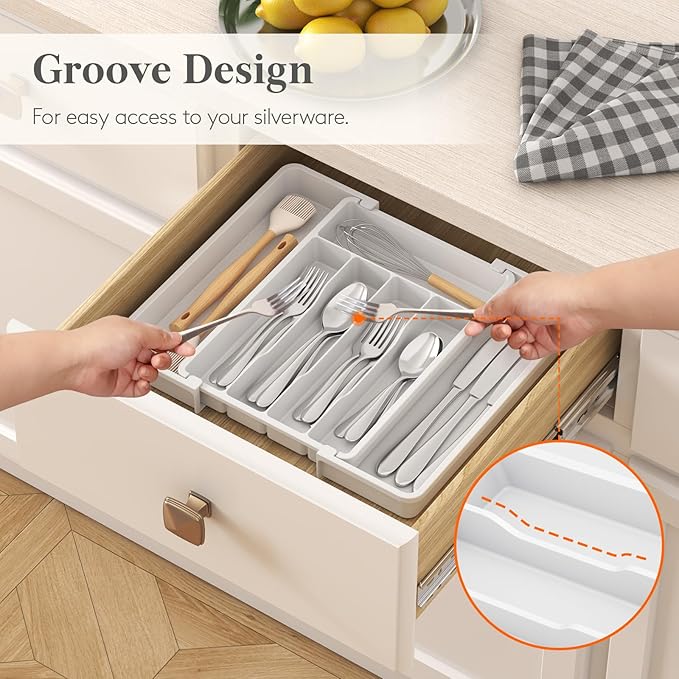 Lifewit Silverware Drawer Organizer, Expandable Utensil Tray for Kitchen, BPA Free Flatware and Cutlery Holder, Adjustable Plastic Storage for Spoons Forks Knives, 8.5"-14.1" x 12.1", White