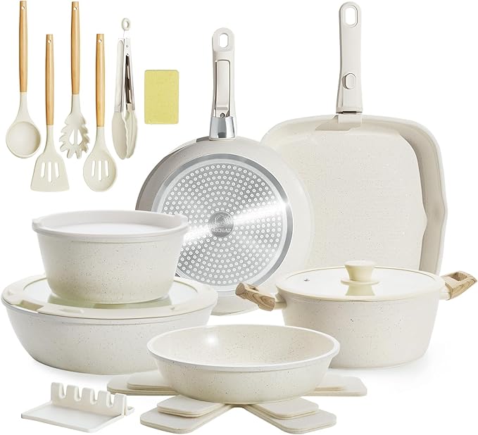 23pcs Ceramic Pots and Pans Set, Nonstick Detachable Handle Cookware, Induction Kitchen Cooking Set with Removable Handle,include Frying Pans & Saucepans Oven Safe, Induction, Stackable Set