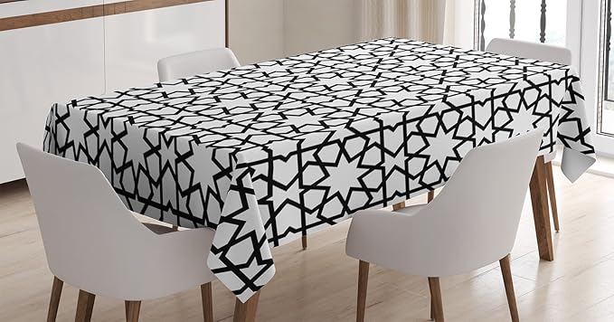 Ambesonne Moroccan Tablecloth, Moroccan Style Mosaic Ornament with Geometric Patterns Classic Print, Rectangular Table Cover for Dining Room Kitchen Decor, 60" X 90", White and Black