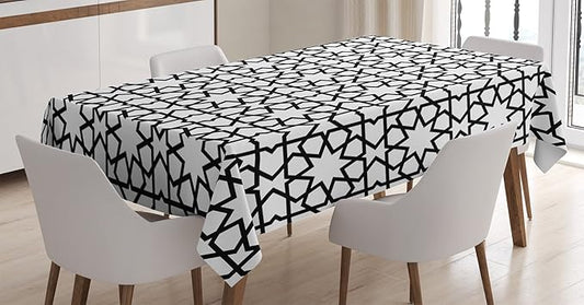 Ambesonne Moroccan Tablecloth, Moroccan Style Mosaic Ornament with Geometric Patterns Classic Print, Dining Room Kitchen Rectangular Table Cover, 60" X 84", White and Black