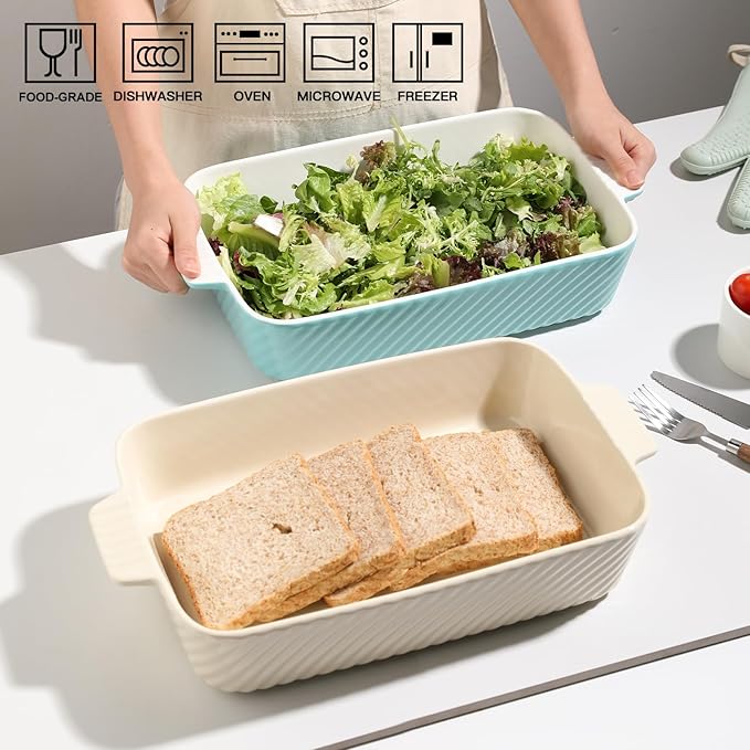 Sweejar Ceramic 13 x 9 Baking Pan, Cake Baking Dish for Brownie, Porcelain Striped Casserole Dishes for Oven with Handle for Lasagna, Family Dinner(Turquoise)