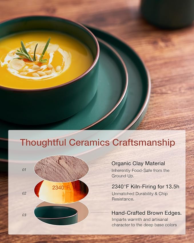 Famiware Nebula Ridge Stoneware Dinnerware Sets for 6, Plates and Bowls Sets, 18 Pieces Dishes Set, Microwave and Dishwasher Safe Kitchen Plates, Dark Green