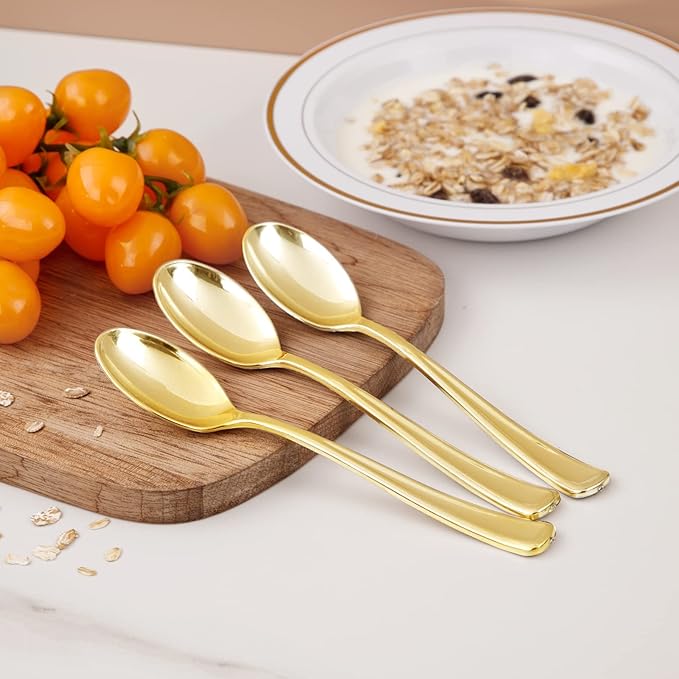 Liacere 200 Pack Gold Plastic Spoons - 6.7 inch Heavy Duty Plastic Spoons - Heavyweight Gold Disposable Spoons for Parties & Weddings & Restaurants & Christmas & New Year