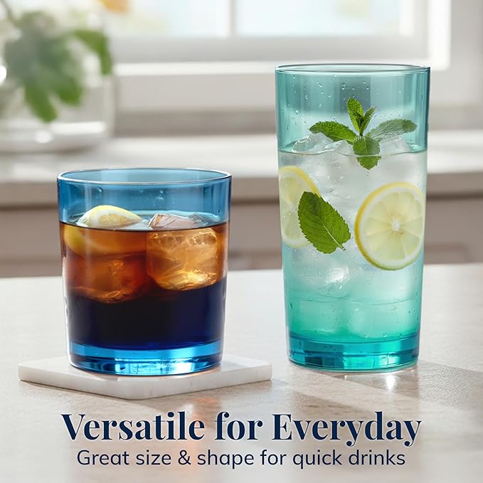 US Acrylic Classic Plastic Reusable Drinking Glasses (Set of 8) 12oz Rocks & 16oz Water Cups in Coastal Colors | BPA-Free Tumblers, Made in USA | Top-Rack Dishwasher Safe