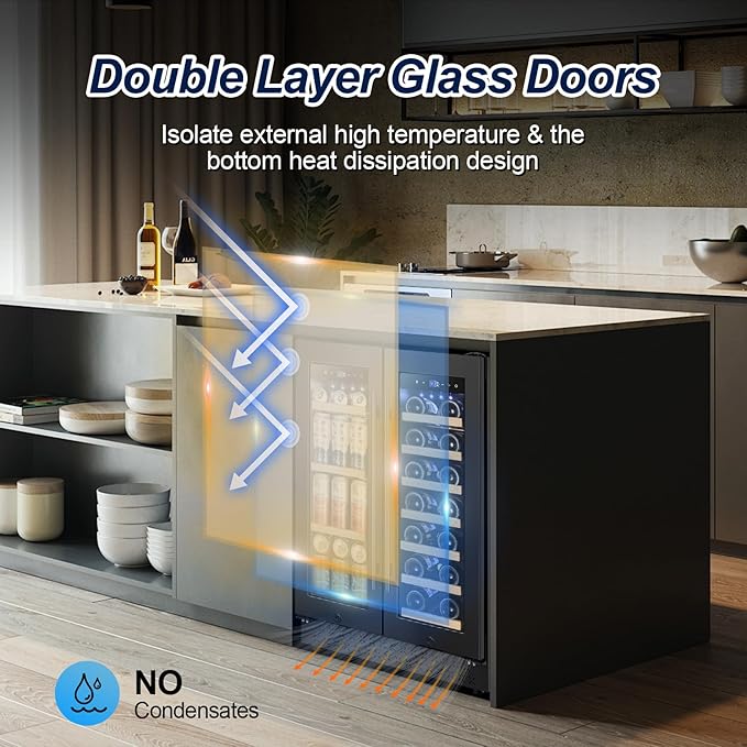 Wine and Beverage Refrigerator with Glass Door, 24-Inch Dual Zone Wine Fridge Under-Counter,4.6 Cu.Ft. 65 Cans and 20 Bottles Wine Cooler,Built-in or Freestanding Wine and Drink Fridge with Blue Light