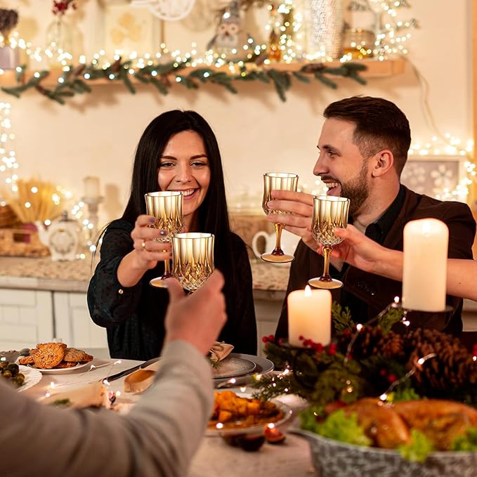 XUWAIDSGN 7oz Plastic Vintage Wine Glasses Drinking Glasses Unbreakable Wedding Glassware Crystal Water Goblets Reusable Drinkware Vintage Champagne Flutes (24, Brown)