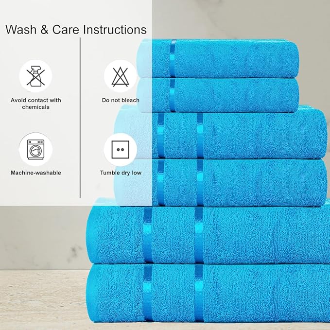 CASA COPENHAGEN Eternal 6 Pieces Towel Set-Teal Blue, 500 GSM 2 Bath Towel 2 Hand Towel 2 Washcloth, Designed in Denmark Made of Soft Egyptian Cotton for Bathroom, Kitchen & Shower