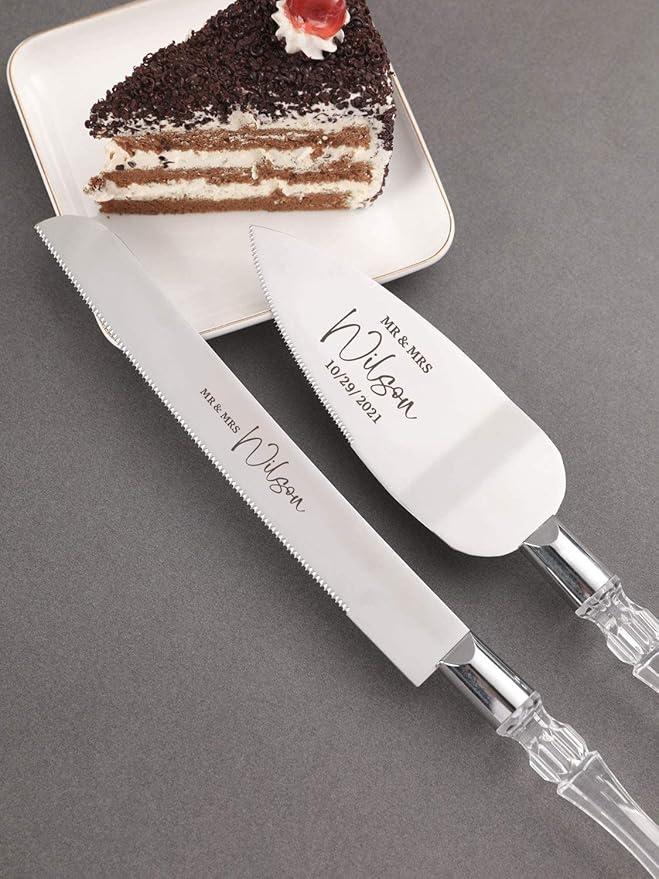 AW BRIDAL Personalized Wedding Cake Knife and Server Set, Silver Cake Cutting Set for Wedding Reception, Anniversary Party, Engagement//DK2201CPP06//