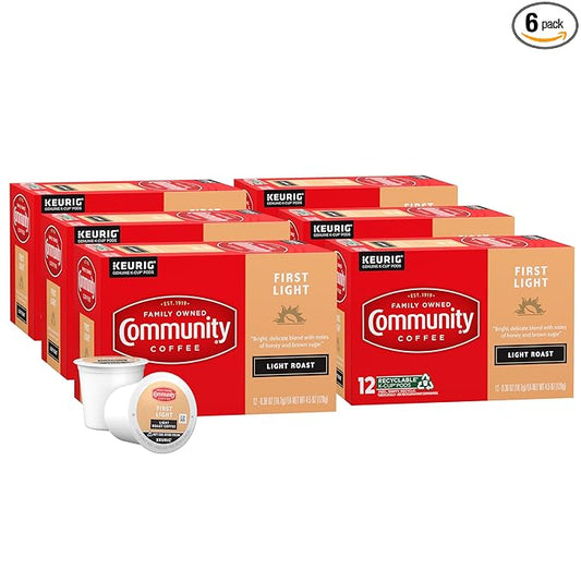 Community Coffee First Light, 72 Keurig Coffee Pods, Light Roast, Compatible with all K-Cup Brewers, 12 Count (Pack of 6)