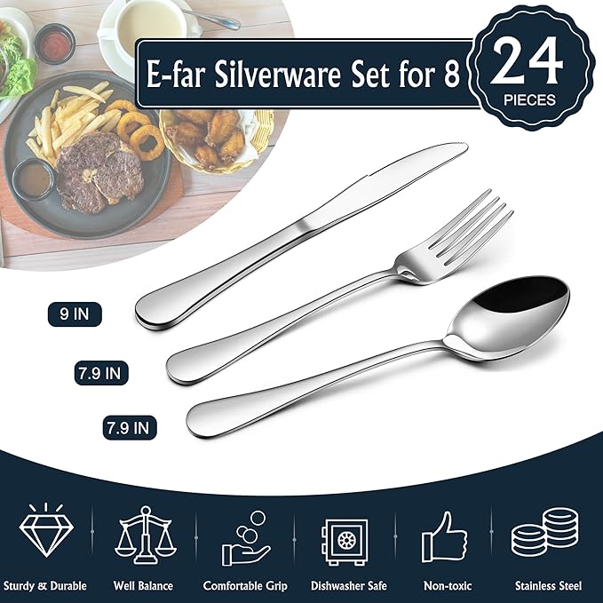 E-far Forks, Spoons and Knives Set for 8, 24 Pieces Stainless Steel Silverware, Food Grade Flatware Cutlery for Home Kitchen Restaurant, Mirror Finish, Dishwasher Safe