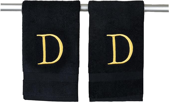 Black Luxury Hand Towel for Bathroom - Monogrammed Initial Hotel Quality Decorative Embroidered Towel for Powder Room, Spa - GOTS Organic Certified - Pack of 2 - Letter D