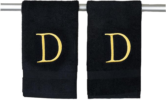 Black Luxury Hand Towel for Bathroom - Monogrammed Initial Hotel Quality Decorative Embroidered Towel for Powder Room, Spa - GOTS Organic Certified - Pack of 2 - Letter D