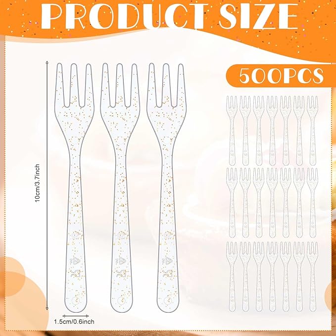 Skylety 500 Pcs Plastic Mini Forks 3.7 x 0.6 Inch Tiny Small Disposable Appetizer Cocktail Tasting Forks Utensils for Fruit Dessert Cakes Serving Supply(Transparent Gold)