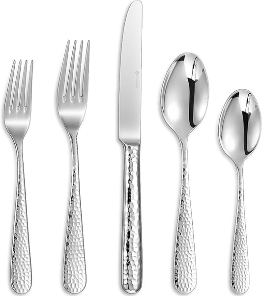 KEAWELL Premium 20/45/65 Piece Louise Hammered Silverware Set with Round Edge, 18/10 Stainless Steel, Service for 4/8/12, Fine Flatware Set, Dishwasher Safe (20)