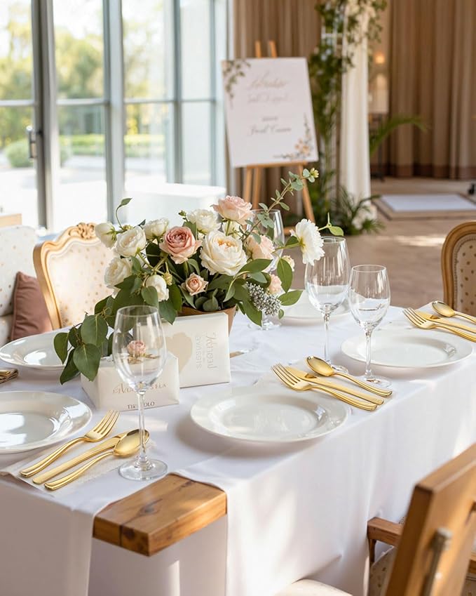 bUCLA 600 Pieces Gold Plastic Silverware - Disposable Gold Utensils - Heavyweight Plastic Cutlery set- 200 Forks, 200 Spoons, 200 Knives for Party & Thanksgiving