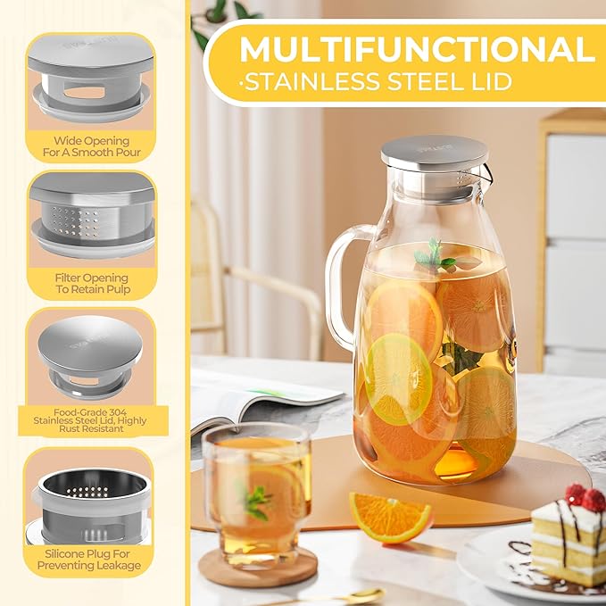 SUSTEAS 3 Liter 101 oz Glass Pitcher with Lid and Nozzle, Cold/Hot Water Glass Water Bottle, Ice Tea Water Jar for Refrigerator, Large Water Jar for Juice, Milk, Coffee or Homemade Drinks,Vase