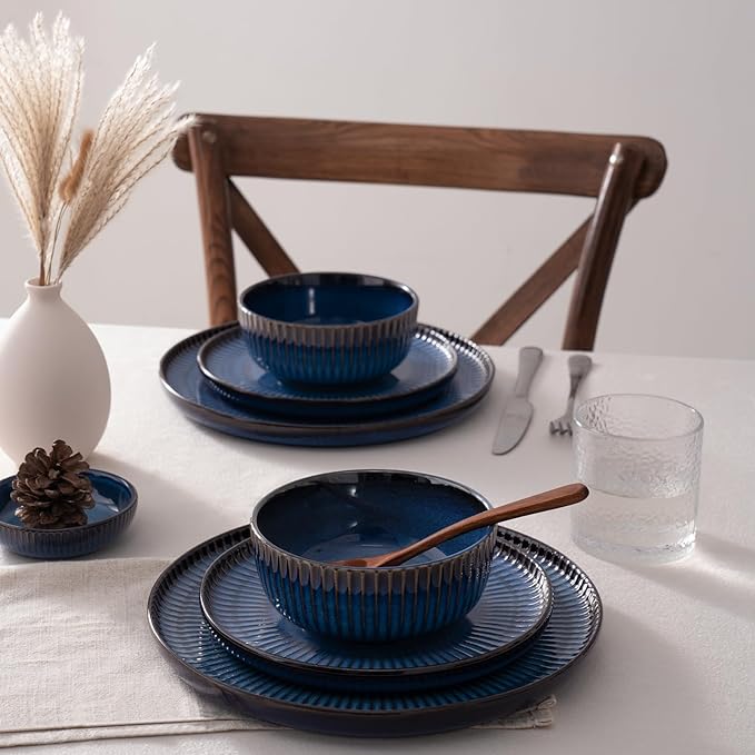Famiware Starlight Plates and Bowls Dishes Set of 4 (12 Pieces), Ribbed Textured Stoneware Dinnerware Sets- Dishwasher & Microwave Safe, Chip & Scratch Resistant, Starry Blue