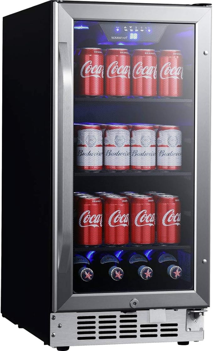 EdgeStar CBR902SG 15 Inch Wide 80 Can Built-In Beverage Cooler with Blue LED Lighting