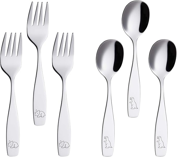 ANNOVA Kids Silverware 6 Pieces Children's Safe Flatware Set Stainless Steel - 3 x Children Forks, 3 x Tablespoons, Toddler Utensils, Metal Cutlery for Lunchbox (Engraved Dinosaurs) (6 Forks & Spoon)