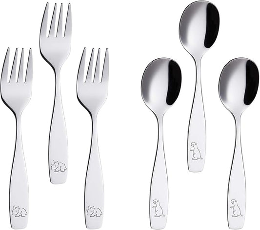 ANNOVA Kids Silverware 6 Pieces Children's Safe Flatware Set Stainless Steel - 3 x Children Forks, 3 x Tablespoons, Toddler Utensils, Metal Cutlery for Lunchbox (Engraved Dinosaurs) (6 Forks & Spoon)
