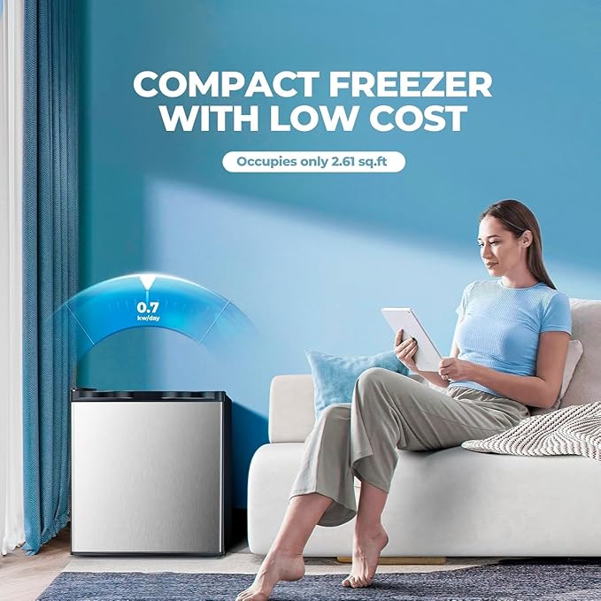 1.2 Cu.ft Upright Freezer, Small Mini Freezer with Adjustable Thermostat, Removable Shelves, Reversible Single Door, for Bedroom/Home/Dorms/Apartment, Stainless Steel