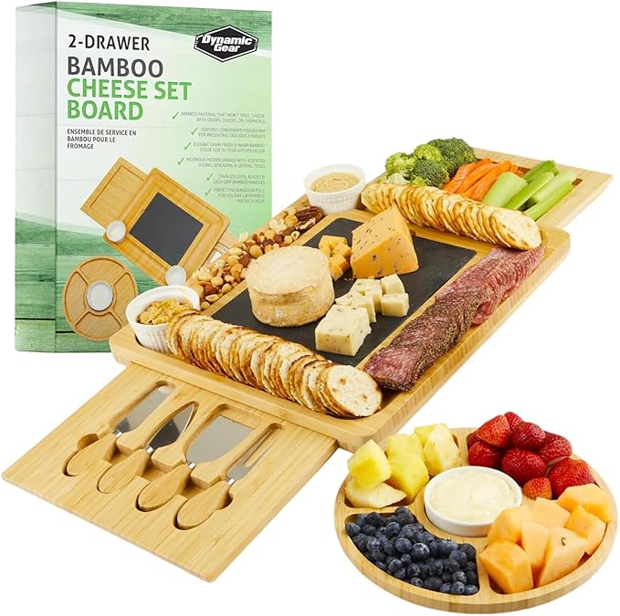 Charcuterie Board Gift Set, Expandable Bamboo Cheese Board with Stainless Steel Serving Utensils, Ceramic Bowls, Appetizer and Serving Trays, Utensil Trays - Housewarming 2 Drawers