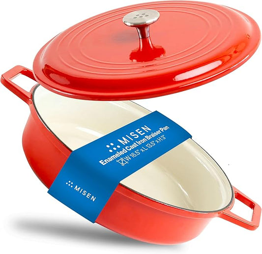 Misen 5.5 QT Braiser – Enameled Cast Iron Pan for Searing, Braising & Slow Cooking – No-Chip Enamel Coating – Extra-Wide Handles – Superior Heat Retention & Even Cooking - Red