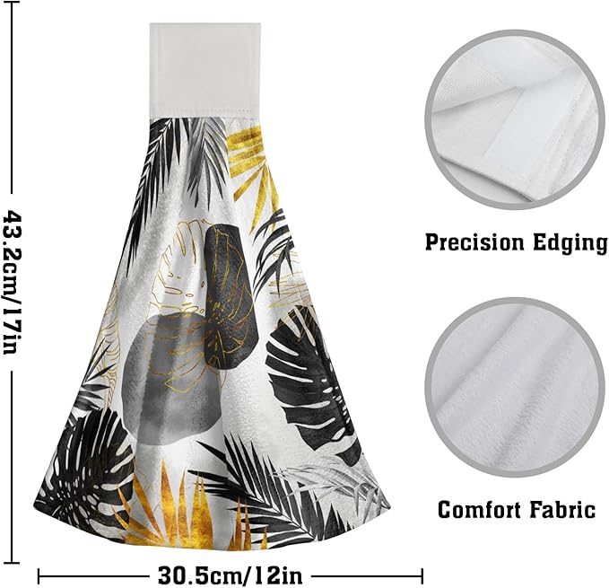 Giwawa Black and Gold Leaves Hanging Kitchen Towels 2 Pcs Tropical Palm Leaf Hand Towels Soft Tea Bar Dish Cloths Dry Towel for Bathroom Laundry